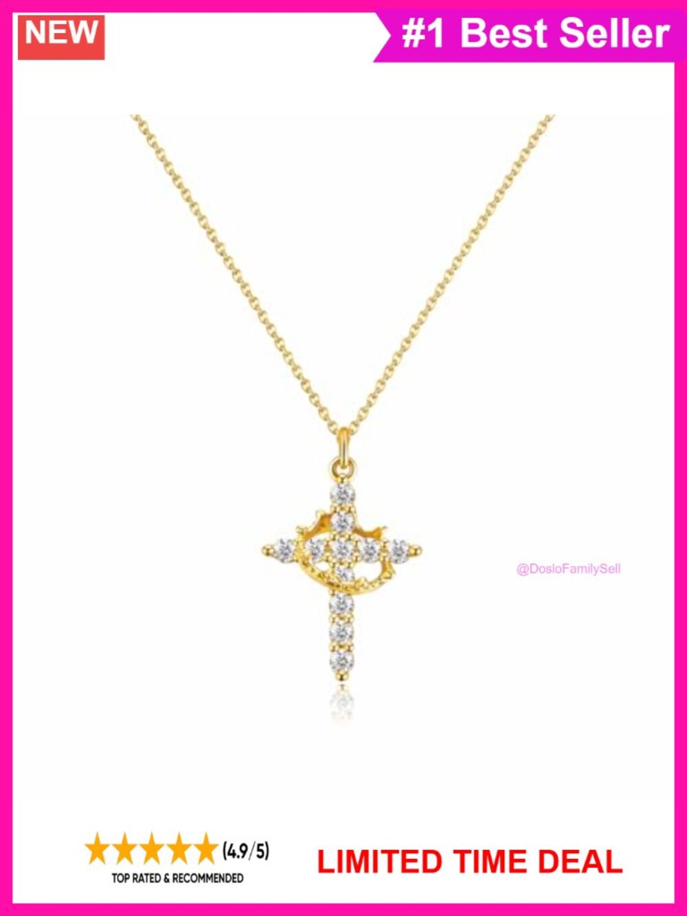 14K Gold Cross Necklace Small Crown Crucifix Pendant Adjustable Chain Women
